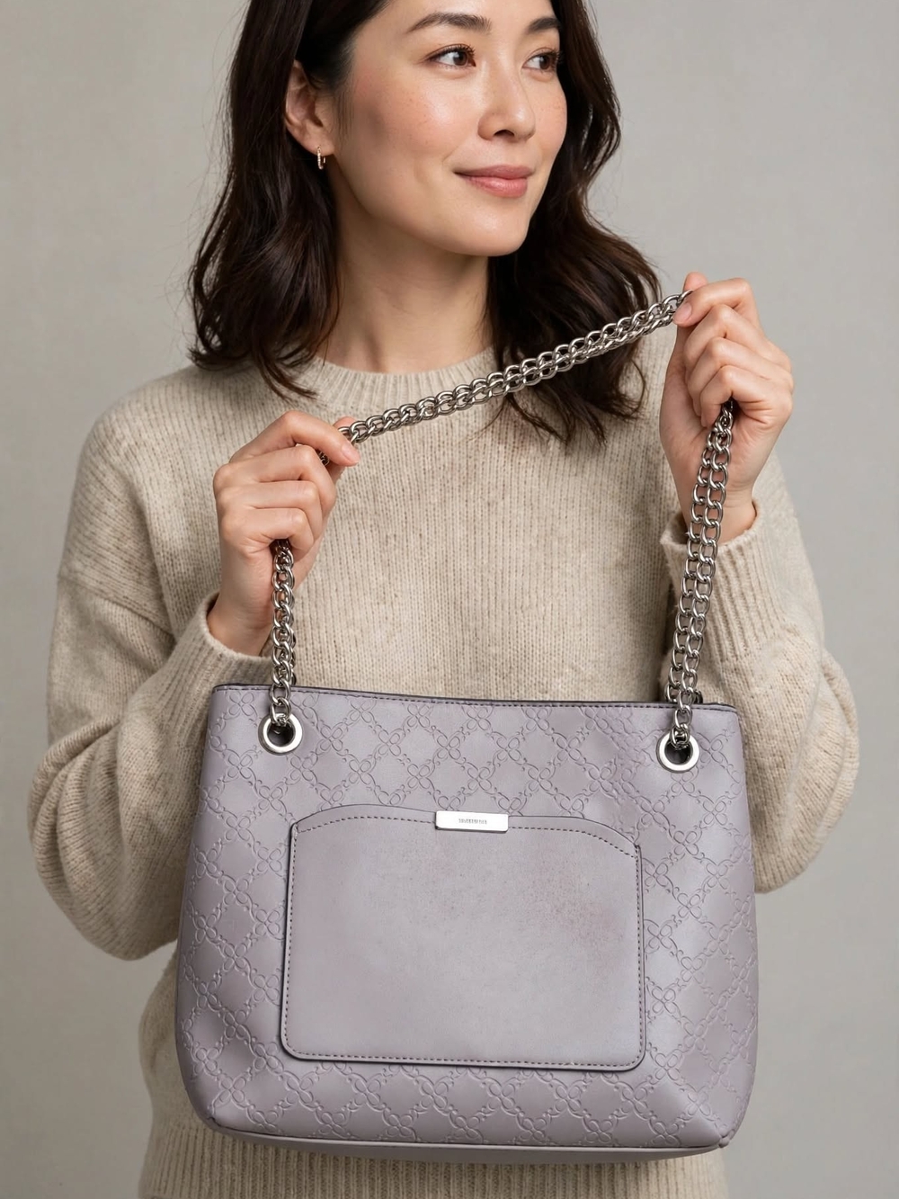 Leather Chain-Handle Tote Bag in Lavender Gray